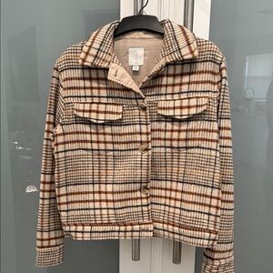 Plaid Women's fleece shacket - Cream, Black and Brown